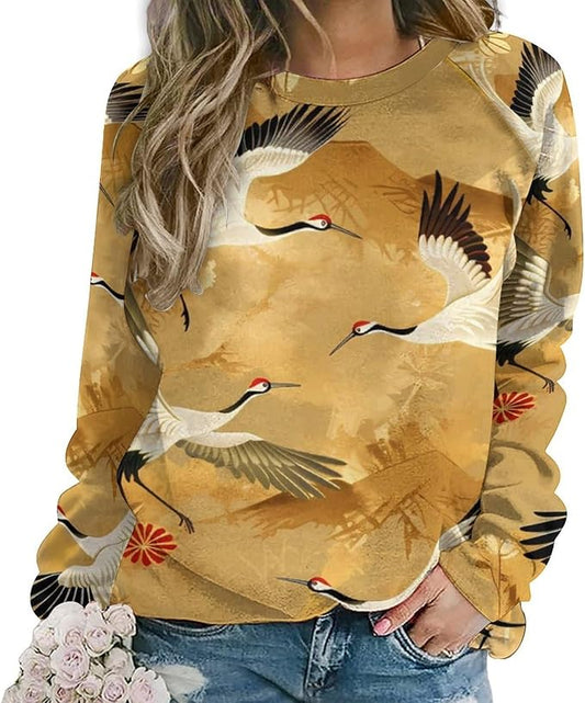 Womens Long Sleeve Tops Y2k Japanese Art Print Sweatshirts Fall Pullover for Women Crewneck Vintage Shirts Boho Tops