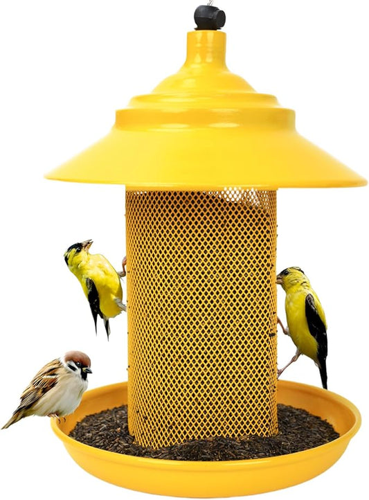 Finch Feeder - All-Metal Squirrel Proof Thistle Nyjer Seed Bird Feeder for Outdoors, 2.5LB Capacity, Powder-Coated Rust Resistant Mesh Design for Goldfinches & Small Birds Yellow