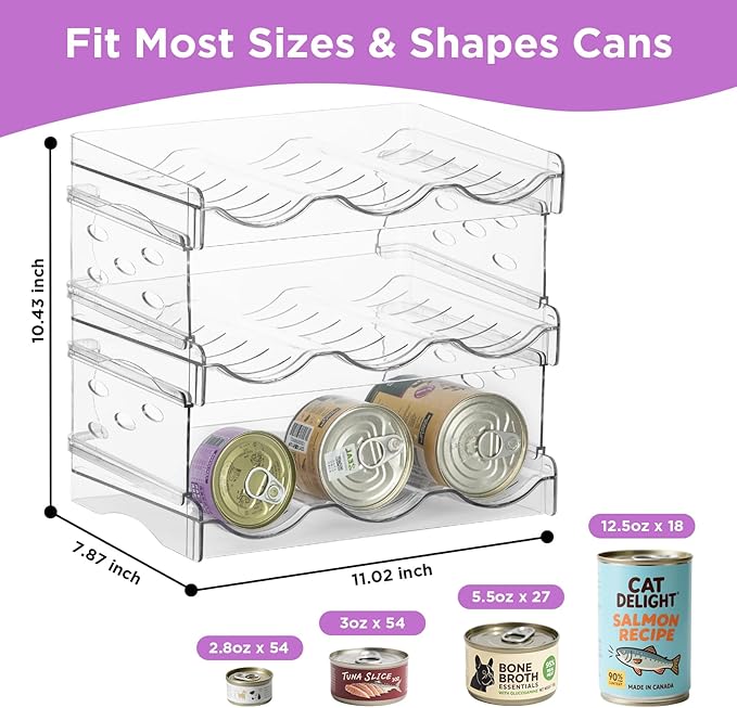 REFLYING Cat Food Can Organizer, Can Organizer for Pantry，Transparent Cat Food Storage Container Holds 54 (3.5oz) Cans, Canned Food Organizer and Storage for Countertop Kitchen Cabinet (3 Layers)