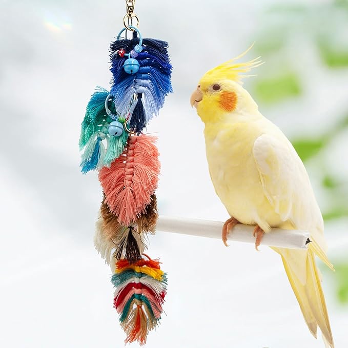 Bird Toys, Multicolor Rope Chew Toy with Metal Hook and Bells, Parakeet Toys, Bird Cage Accessories for Budgies, Cockatiels, Lovebirds, Green Cheeks, Small to Medium Birds