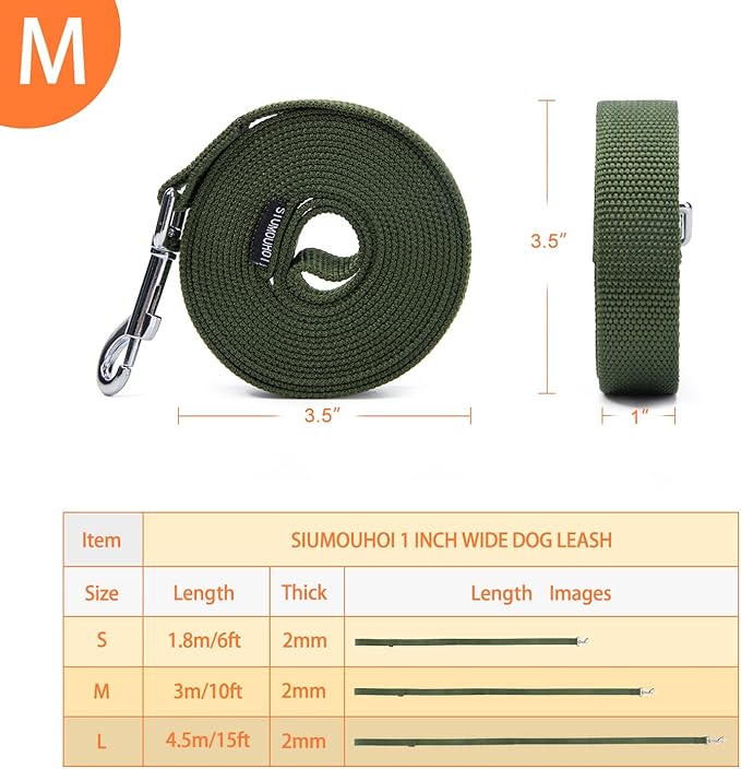 Strong Durable 10ft Nylon Dog Training Leash, 1 Inch Wide Traction Rope, for Small and Medium Dog (Military Green, 10 Feet)