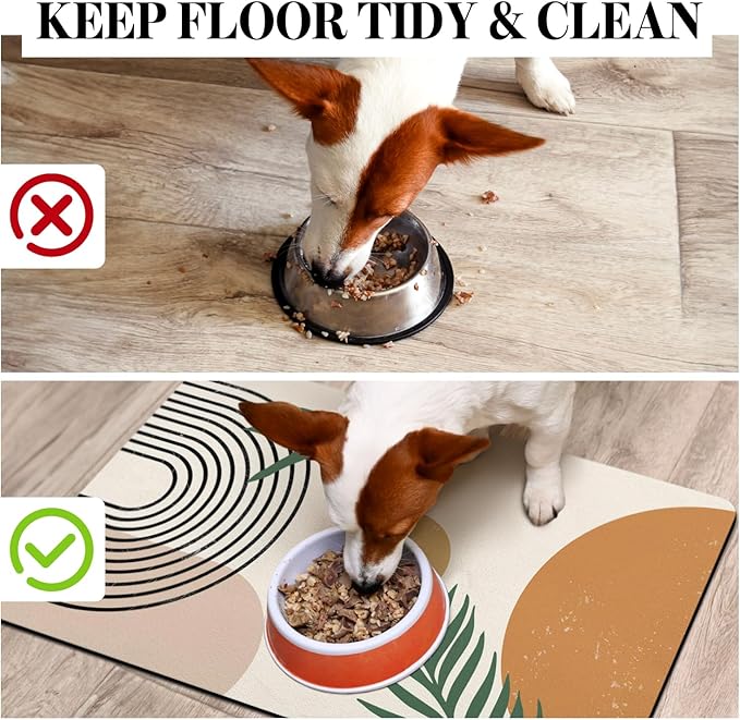 Dog Food Mats for Floors Super Absorbent, Pet Cat Food Mat - Non Slip Dog Bowl Mats for Food and Water, Eco-Friendly Boho Dog Placemats Feeding Mat