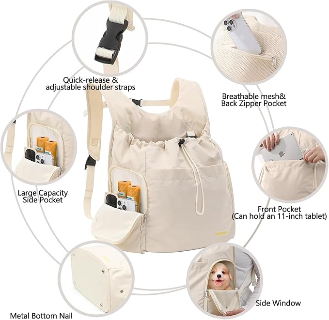 Dog Front Carrier Backpack, Adjustable Pet Cat Chest Ventilated Dog Carrier for Hiking Camping Travel, Ventilated Mesh Dog Travel Backpack(Off White)
