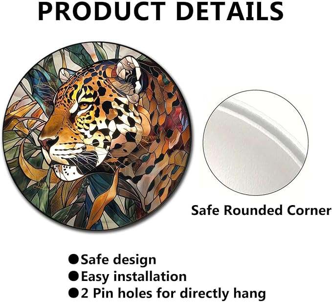 Lygond Metal Sign Tin Sign Circular Stained Glass Jaguar Tin Sig For Pet 8×8 Inches