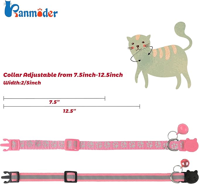 BANMODER 2 Pack Reflective Cat Collar Breakaway with Bell,Personalized Kitten Collars,Adjustable Safety Buckle Collar for Male Cats Girls & Boys (Pink)