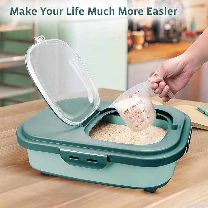 Rice Storage Containers, Collapsible 20 to 30Lbs Food Storage Bin Dispenser with Rolling Wheel and Clear Airtight Lid, BPA Free Flour, Sugar, Cereal and Dog Cat Pet food Containers