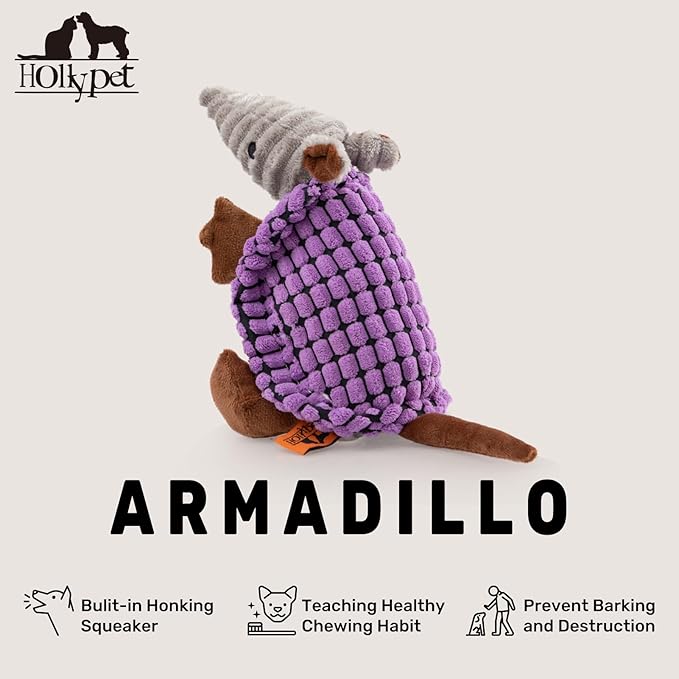 Hollypet Plush Dog Squeaky Toy Stuffed Armadillo Animal Pet Puppy Chew Toys with Clean Teeth for Small Medium Large All Breed Sizes Dogs, Purple, 8 in