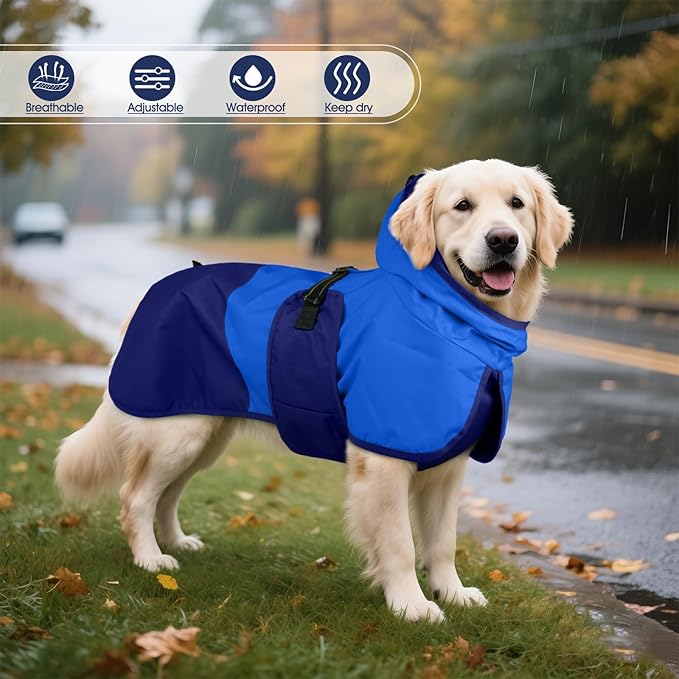 BRKURLEG Dog Raincoat Adjustable Dog Rain Jacket with Hood Dogs Waterproof Rainproof Jacket with Leash Hole Pet Poncho Rain Coat Poncho with Reflective Strip, Blue, XL