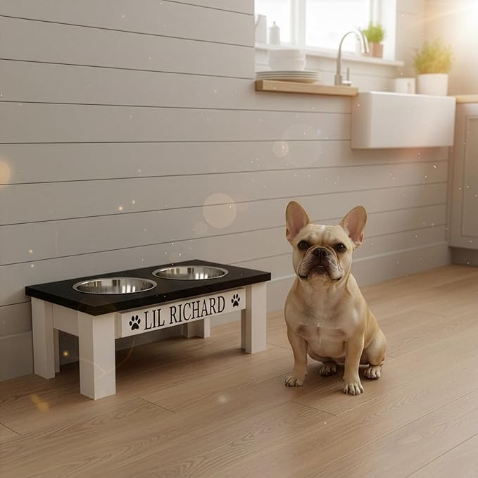 GrooveThis Woodshop Luxury Pet Feeder - Elevated Stand with Stainless Steel Bowls for Small Dogs & Cats, Anti-Slip, Easy Clean, Chic & Durable Design (Small, Black)