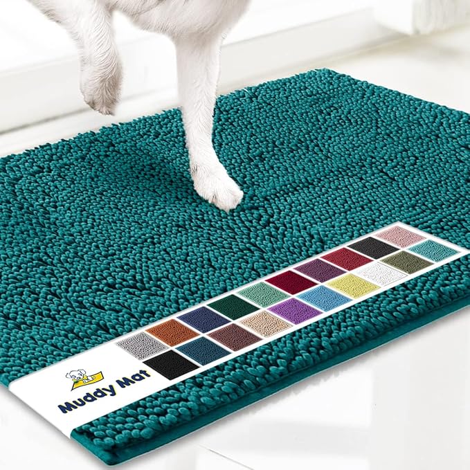 Muddy Mat® AS-SEEN-ON-TV Highly Absorbent Microfiber Door Mat and Pet Rug, Non Slip Thick Washable Area and Bath Mat Soft Chenille for Kitchen Bathroom Bedroom Indoor and Outdoor - Teal 36" x 120"