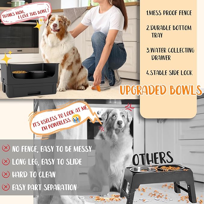 Mess Proof Raised Dog Bowls,Elevated Dog Bowl Stand Set 2 Stainless Steel Food Bowls,Splash Water Collection Non-Slip Medium Sized Feeding Table