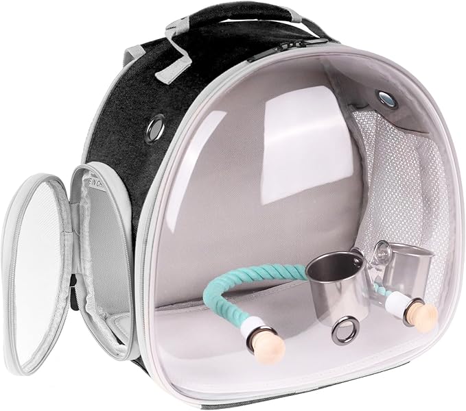 halinfer Small Bird Travel Backpack Carrier Cage with Cups, Backpack to Transport Backpack Carrier with Clamp Cups Stand Perch for Parakeet Cockatiel Budgies Vet Carry Book Bag Black