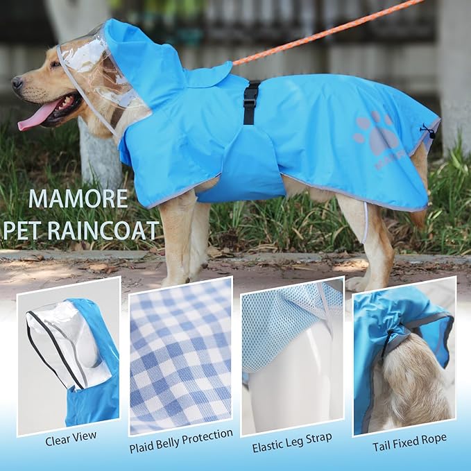 Waterproof Dog Raincoat, Reflective Adjustable Hooded Dog Rain Coat, Lightweight Breathable Pet Rain Jacket Poncho Double Layer with Leash Hole for Small Medium Large Dogs (Blue, 3X-Large)