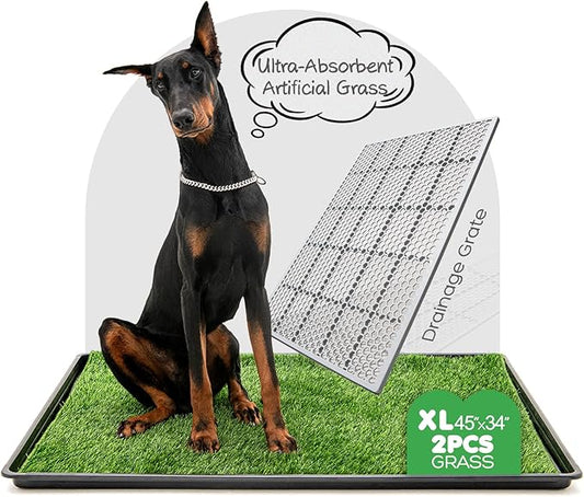 Dog Grass Pad with Tray, 45×34in XL Litter Box, 2×Grass Pad for Dogs Potty Washable, Thick Soft Odor-Free Hemmed Dog Pee Grass, Indoor Potty Training Balcony