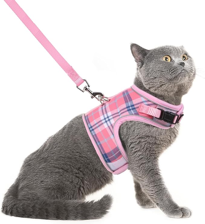 PUPTECK Soft Mesh Cat Vest Harness and Leash Set Puppy Padded Pet Harnesses Escape Proof for Cats Small Dogs Rabbits Bunny, Plaid Pink, S
