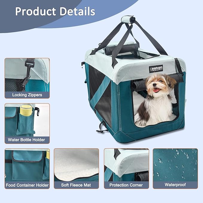 JESPET Soft Dog Crates Kennel for Pets, 3 Door Soft Sided Folding Travel Pet Carrier with Straps and Fleece Mat for Dogs, Cats, Shale Green, 36'' (8-Teal Blue, Small(24" L x 16.5" W x 16.5" H))