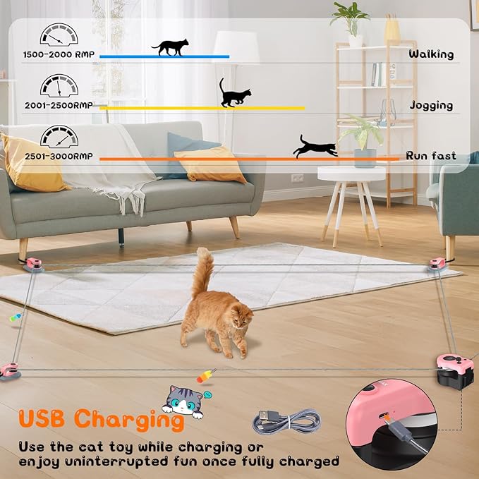 Interactive Cat Toy for Indoor - Automatic Cat Treadmill with Remote Control, 3 Speeds, Quiet Motor & Durable Design | Indoor Chase Hunting Feather Toys for Fitness, Playtime & Energy Release (Pink)