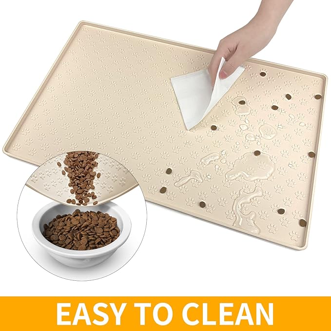 Ptlom Silicone Pet Placemat for Dog and Cat, Waterproof Non-Slip Pet Feeding Bowl Mats for Food and Water, Small Medium Large Tray Mat Prevent Residues from Spilling to Floor, Beige, 24.5" 16.5"