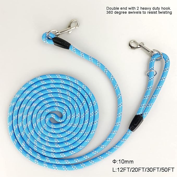 Long Rope Dog Leash for Dog Training 12FT 20FT 30FT 50FT, Reflective Threads Dog Cat Leashes Tie-Out Check Cord Recall Training Agility Lead for Large Medium Small Dogs (Blue, 10mm*20ft)