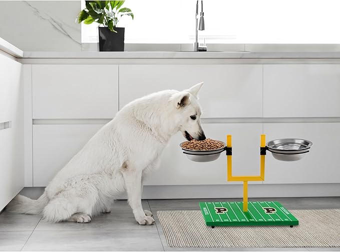 NCAA Purdue Boilermakers Goalpost Football Field Dog Feeder – Adjustable Elevated Dog Bowls with Stand, 2 Stainless Steel Bowls, Non-Slip Rubber Feet, Raised Pet Feeder for Large & Small Dogs