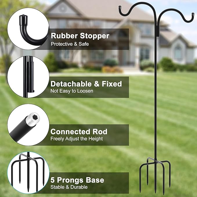 Gtongoko Double Shepherds Hook for Outdoor, 92 Inch Bird Feeder Pole with 5 Prongs Base, 5/8 Inch Thick Heavy Duty Adjustable Garden Hook for Hanging Plant, Lantern, Hummingbird Feeder, 1 Pack
