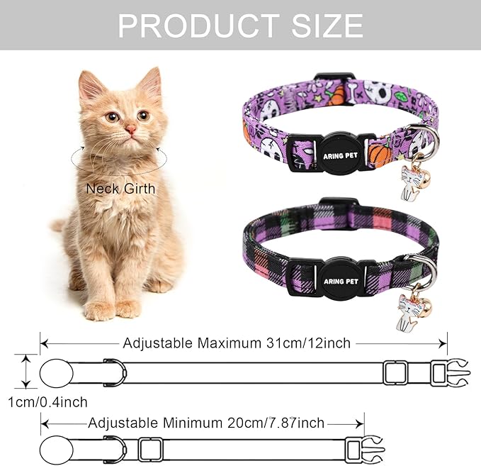 ARING PET 2 Pack Cat Collars-Cute Cat Collar Breakaway with Bell & Pendant, Adjustable Purple Halloween Kitten Collars with Safety Buckle for Girl and Boy Cats