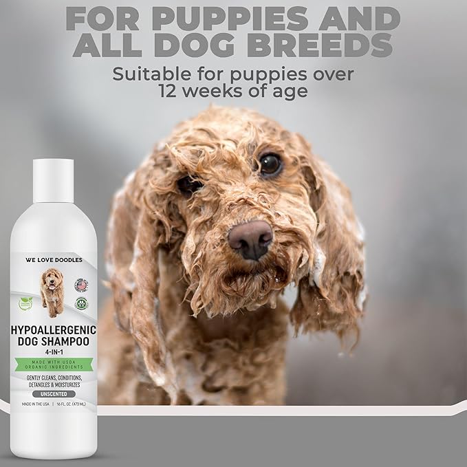 We Love Doodles Hypoallergenic Dog Shampoo, Conditioner & Detangler and Pet Bath Brush - Organic Ingredients, Sensitive Skin & Allergies, Made in USA, Grooming Brush for Shower Scrubbing & Soothing