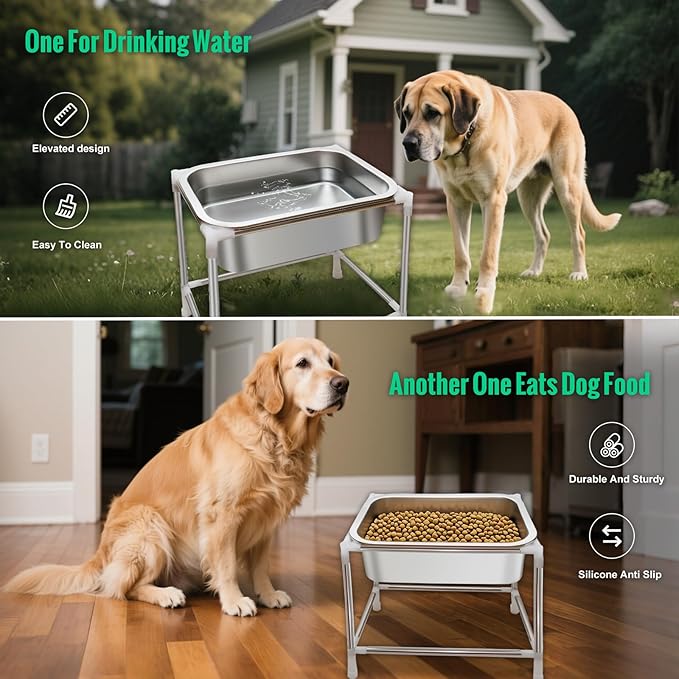 1.5 Gals 2 Sets Raised Dog Water Bowl Large Sized Dog Elevated Dogs Food and Water Bowl with Stand for Medium to Large Breeds Stainless Steel Indoor Outdoor Pets Feed Waterer Station (2 Sets)