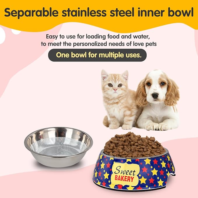 Pet Cats Dogs 2 in 1 Food Water Bowls - Non Slip Skid Proof Heavy Duty Pet Cats Dog Food Water Bowls for Feeding Drinking Small Medium Large Dogs Cats Puppies-Cartoon Stars-M
