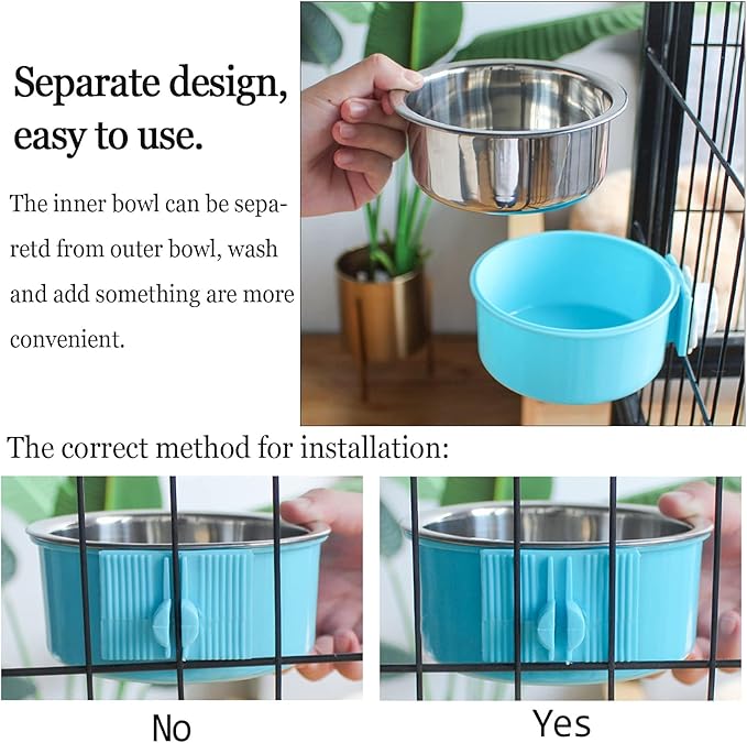 kathson Crate Dog Bowl, Removable Stainless Steel Hanging Pet Cage Bowl Food & Water Feeder Coop Cup for Cat, Puppy, Birds, Rats, Guinea Pigs 2pcs(Blue,Pink)