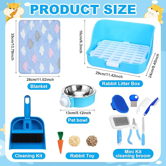 15 Pcs Rabbit Starter Kit Small Rabbit Litter Box Animal Grooming Kit Bunny Toys Bowl Blankets with Cleaning Set for Guinea Pig Accessories (Light Blue)