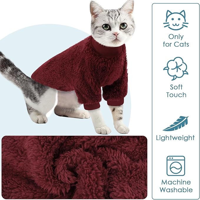 SUNFURA Sphynx Cat Sweater, Hairless Cats Turtleneck Pullover Kitten Sweaters for Cats Only, Warm and Soft Cat Pajamas Shirt with Sleeves Pet Winter Clothes Fleece Jumpsuit for Puppy, Burgundy L