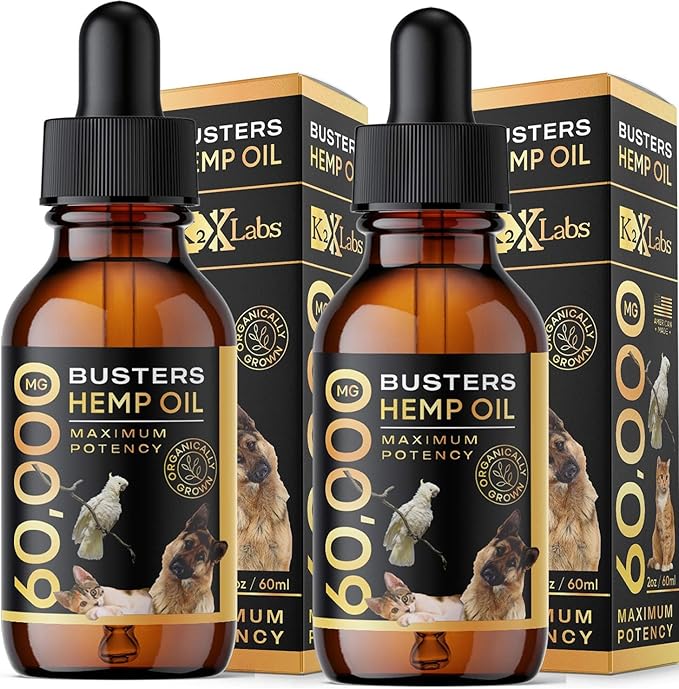 Buster's Organic Hemp Oil Large 60 Milliliters 2Pack 4Month Supply for Dogs Cats Max Potency Made in USA Omega Rich 3 6 and 9 Hip and Joint Health, Natural Relief, Calming