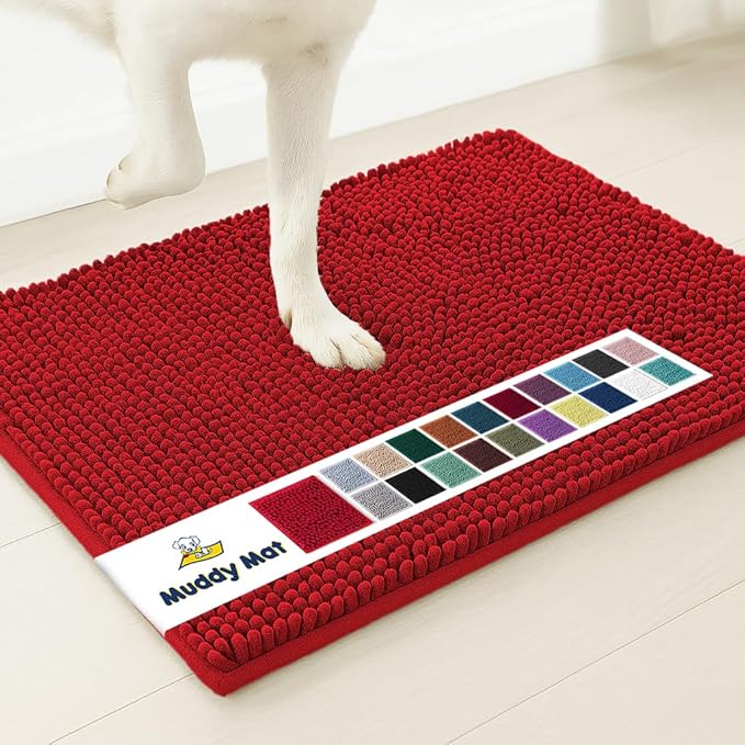 Muddy Mat® AS-SEEN-ON-TV Highly Absorbent Microfiber Door Mat and Pet Rug, Non Slip Thick Washable Area and Bath Mat Soft Chenille for Kitchen Bathroom Bedroom Indoor and Outdoor - Red 36" x 120"