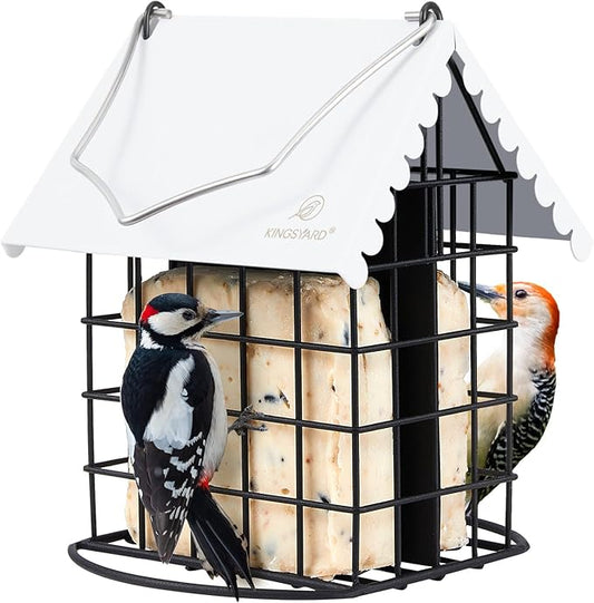 Kingsyard Double Suet Bird Feeder with Weatherproof Roof & Perch, All Metal, Suet Cakes Cage Bird Feeder for Outdoors Hanging, Easy to Clean & Refill, White