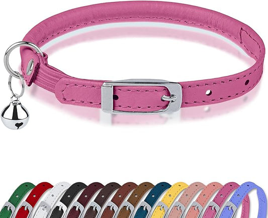 OOPSDOGGY Rolled Leather Cat Collar with Bell, Reflective Kitten Collars with Buckle Include Safety Elastic Strap - Adjustable Small Pet Collars for Boy Girl Cats (Fucsia)