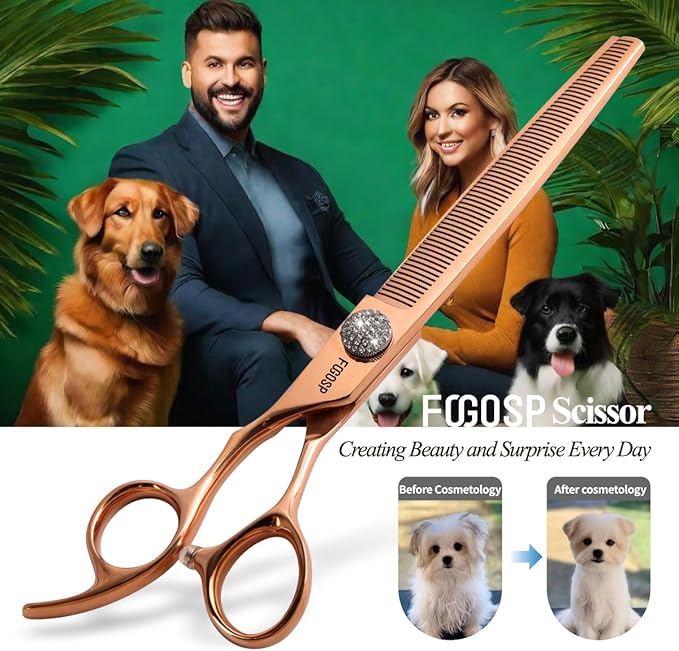 Lefty Thinning Shears for Dogs 66 Teeth 7.5'' Rose Gold Titanium Professional Blending Thinner Scissors for Dog Large Poodle Pet Japan 440C Sharp Left Handed(7.5,Thinner)