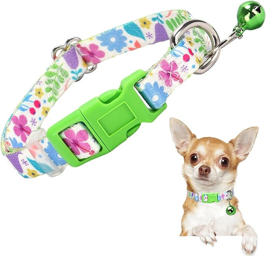 Puppy Collar with Bell，Nylon - Adjustable XXS/XS/S Tiny Dog & Cat Collar for Small Breeds,Soft Pink Collar with Quick-Release Buckle（Spring XS）