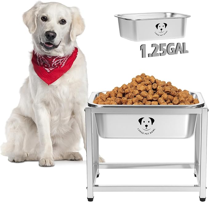 1.25 Gallon Elevated Large Dog Water Bowl, 10.23" Raised Stainless Steel Bowl for Medium Large Breed, Elevated Dog Water Bowl with Full Metal Stand, Easy to Clean and Assemble for Indoor Outdoor