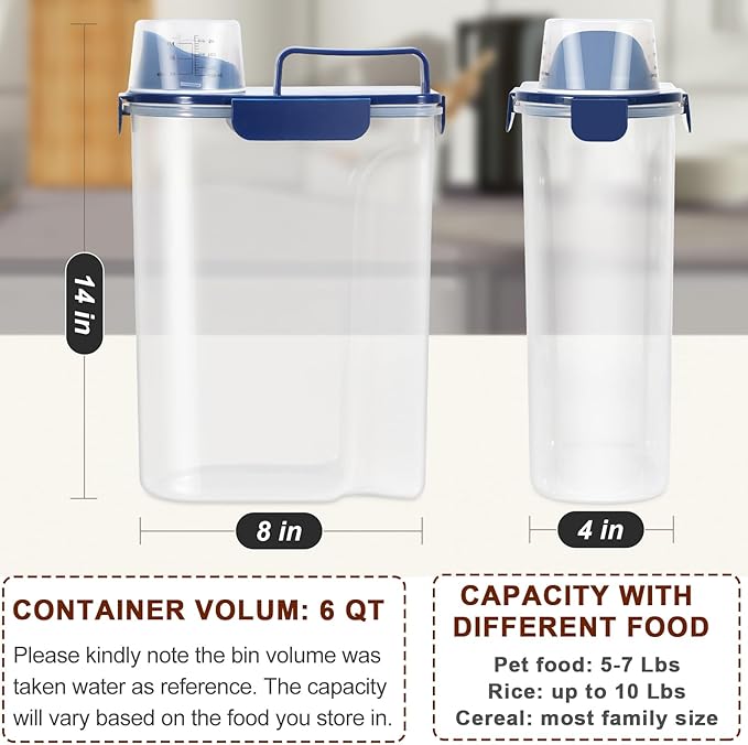 TBMax Large Cat Food Storage Container, Portable Dog Food Container with Upgraded Large Spout and Cup, Travel Pet Food Storage Dispenser for Kibble Storage, Bird Seed Container - Dark Blue