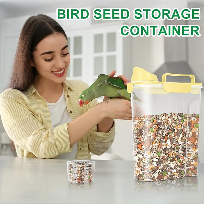 TBMax Pet Dog Cat Food Storage Container 5 to 7 lbs, Airtight Bird Seed Container with Large Spout & Cup, Cat Food Storage Dispenser for Kibble Dog Treat - Light Yellow