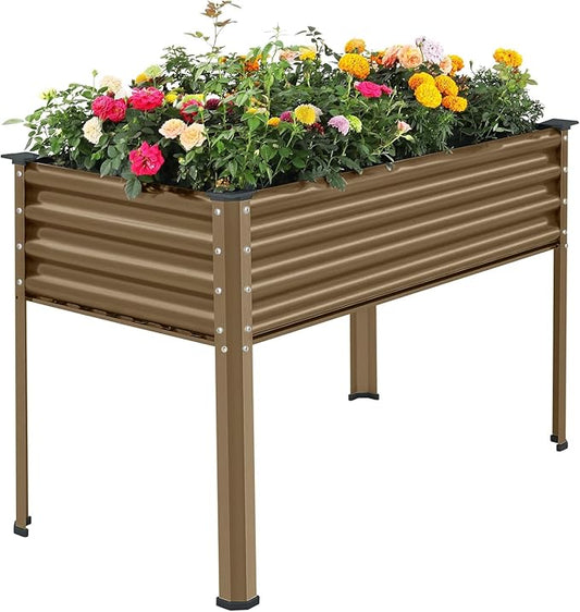 Land Guard Galvanized Oval Large Metal Raised Garden Bed with Legs for Vegetables (Beige)