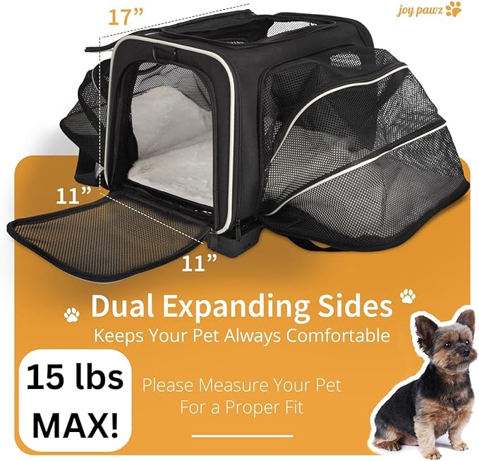 Pet Carrier for Travel - Small Dogs/Cats - 15 LBS MAX Dogs/Cats Expandable - Airline Approved & Roomy - Premium Pets Carrier with Wheels - Cozy Soft-Lined Travel Carrier - Stylish Black Design