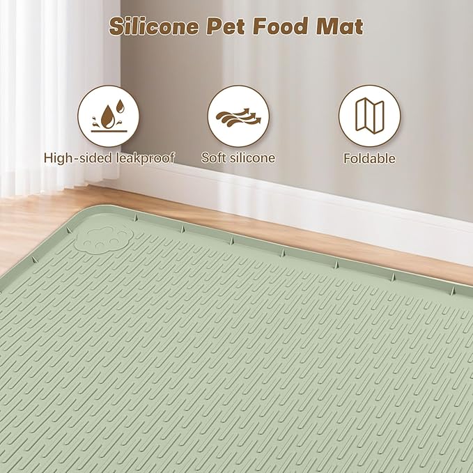 Cat Food Mat, 40" x 28" Extra Large Silicone Pet Feeding Mat with Raised Edge Pet Placemat for Food and Water Bowl Non-Slip, Easy to Clean, Floor Protection (Green)