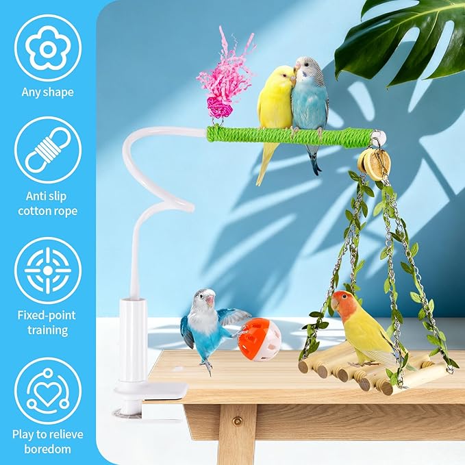 Bird Toys,Free Bending Bird Perch Stand with Climbing Ladder, Desktop Stand for Interacting, Parakeet Playground Play Stand for Lovebirds Conure,Mount for Budgie, Cockatiel, Conure