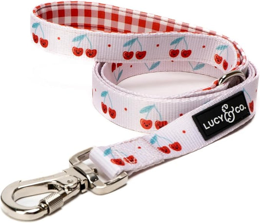 Lucy & Co. Cheery Cherries - Designer Dog Leash for Small to Large Dogs - Padded Handle for Comfort - Small, Red Gingham Cherries - 5 Foot