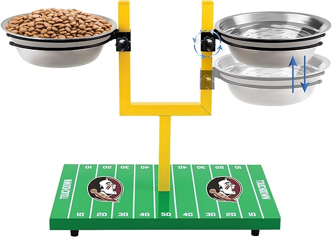 NCAA Florida State Seminoles Goalpost Football Field Dog Feeder – Adjustable Elevated Dog Bowls with Stand, 2 Stainless Steel Bowls, Non-Slip Rubber Feet, Raised Pet Feeder for Large & Small Dogs