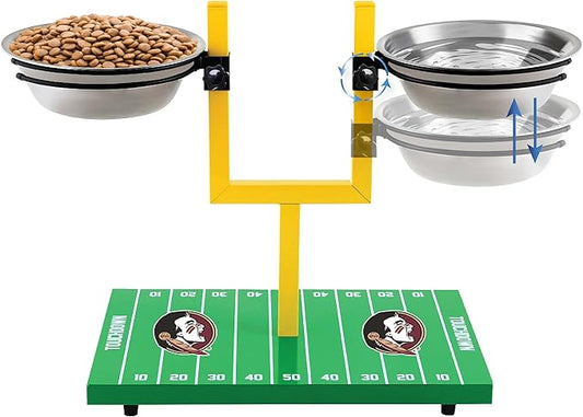 NCAA Florida State Seminoles Goalpost Football Field Dog Feeder – Adjustable Elevated Dog Bowls with Stand, 2 Stainless Steel Bowls, Non-Slip Rubber Feet, Raised Pet Feeder for Large & Small Dogs