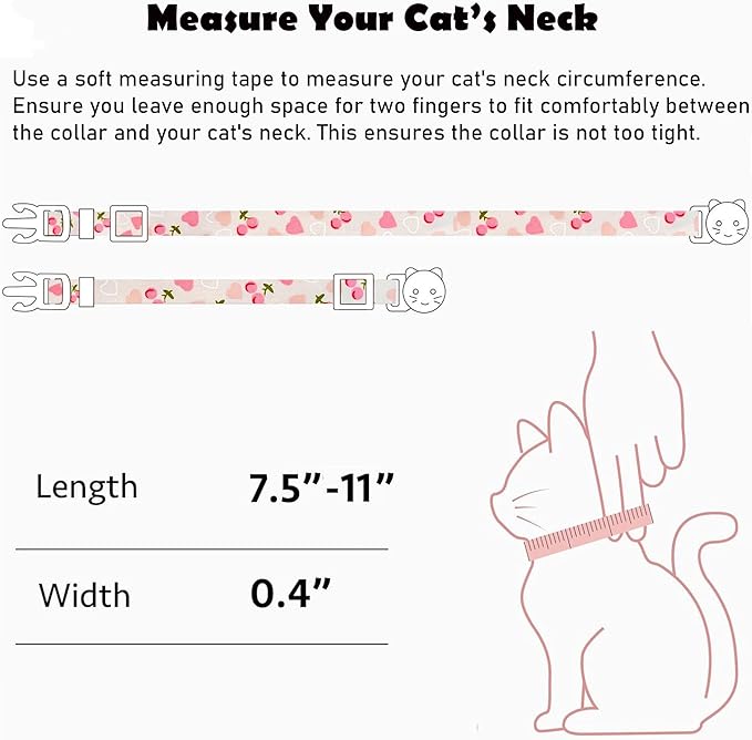 2 Pack Cotton Breakaway Cat Collars Set with Bell and Flower Pendant, Cute Floral Fruit Patterned, Adjustable 7.5-11Inch, Include A Mouse Toy Gift (Heart Cherry)