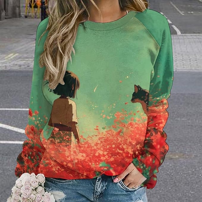 Long Sleeve Shirts for Women Cat Oil Painting Shirt 3D Graphic Sweatshirts Fall Pullover Crewneck Vintage Boho Tops